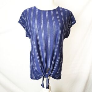 W5 Navy Blue Woven Top Textured Tie Front Blouse Short Sleeve Tunic Medium